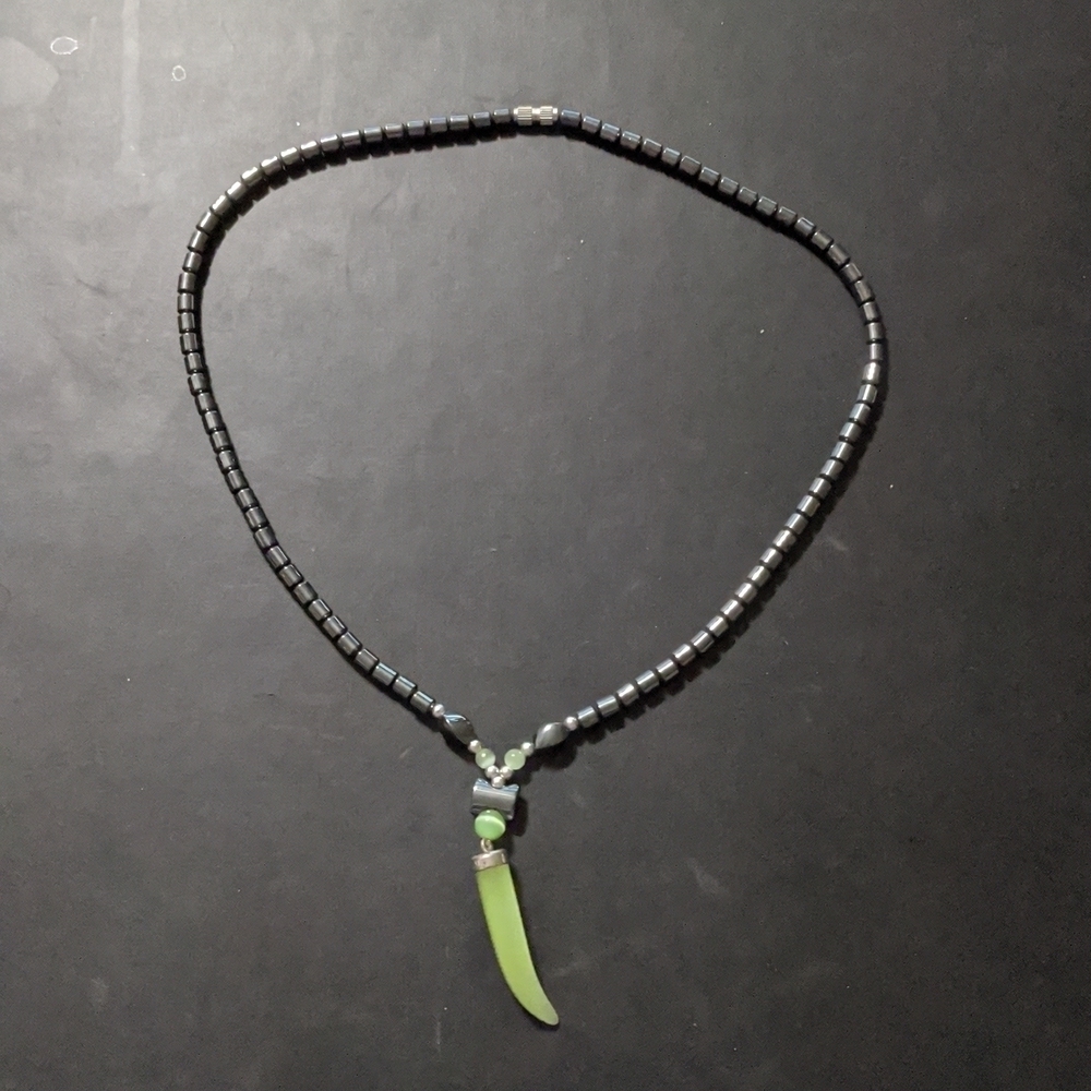 Hematite Beaded Green Cat's Eye Horn Pendant Necklace